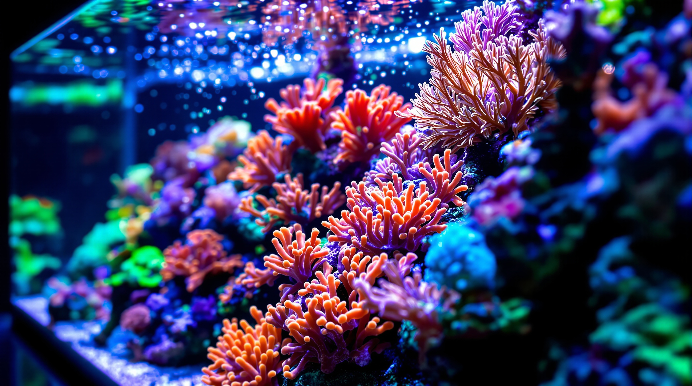 Beautiful thriving reef aquarium with diverse corals